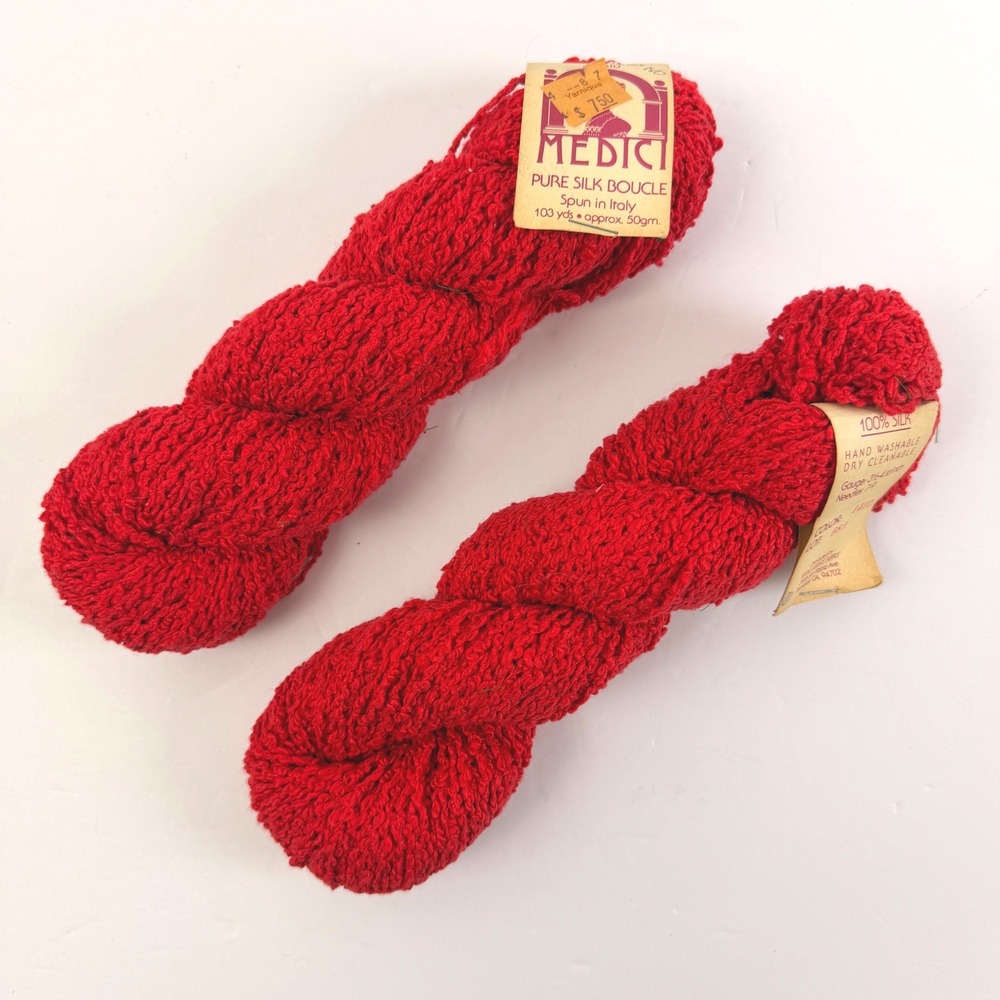 Vintage Medici Pure Silk Boucle Yarn Lot of 2 Skeins Red Italy 206 Yards